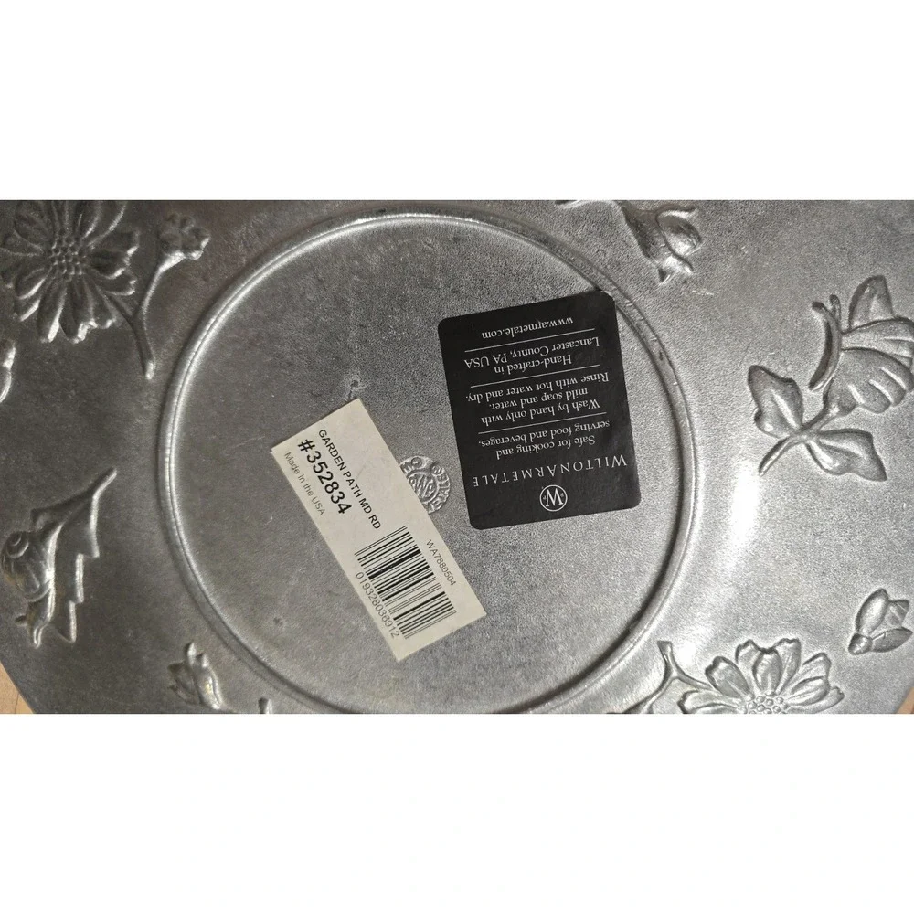 VTG 90s Wilton Armetale Garden Path Charger Plate Floral Bird Embossed Metal USA